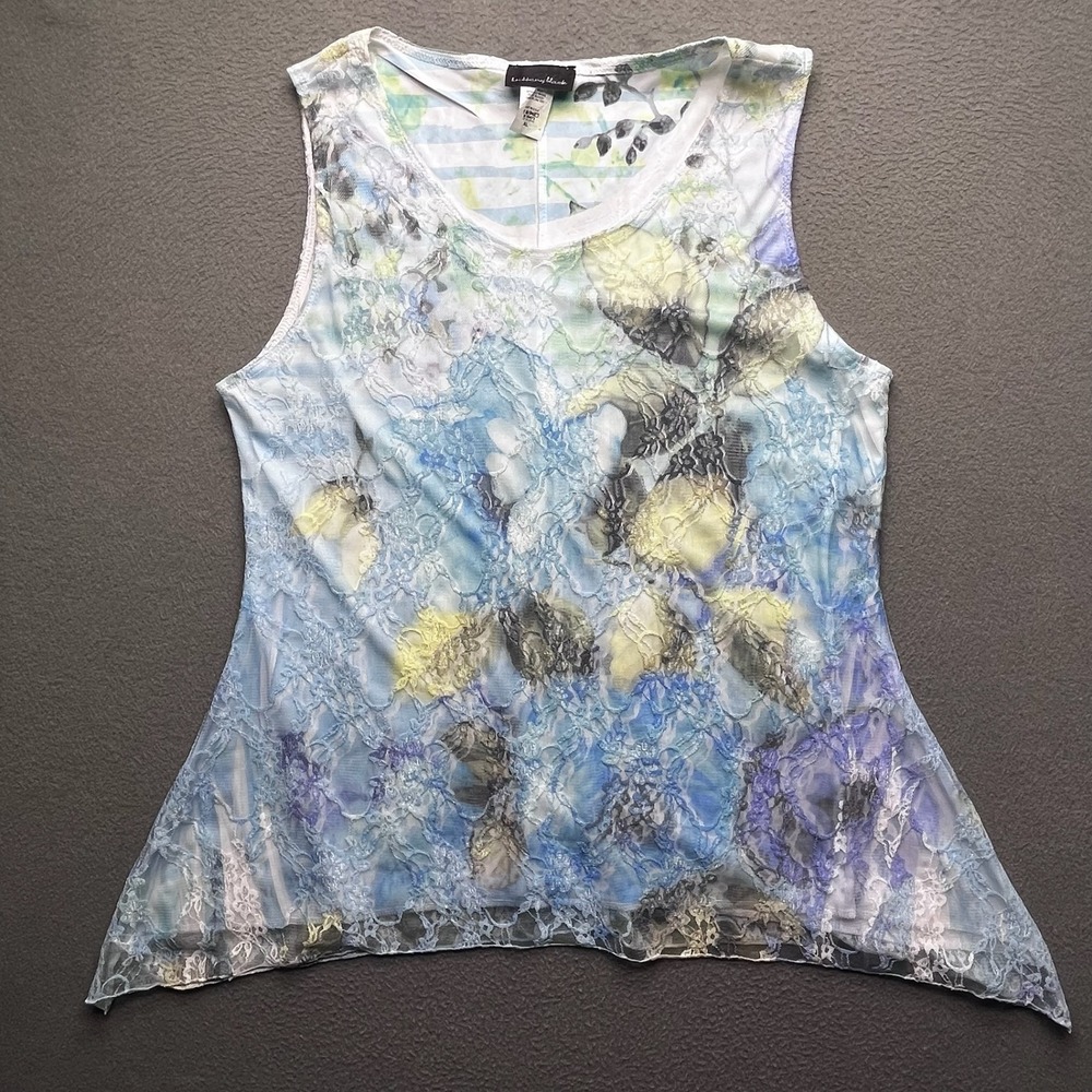 Brittany Black Women Tank Floral Lace Blue XL Bohemian Sleeveless Mesh Overlay
